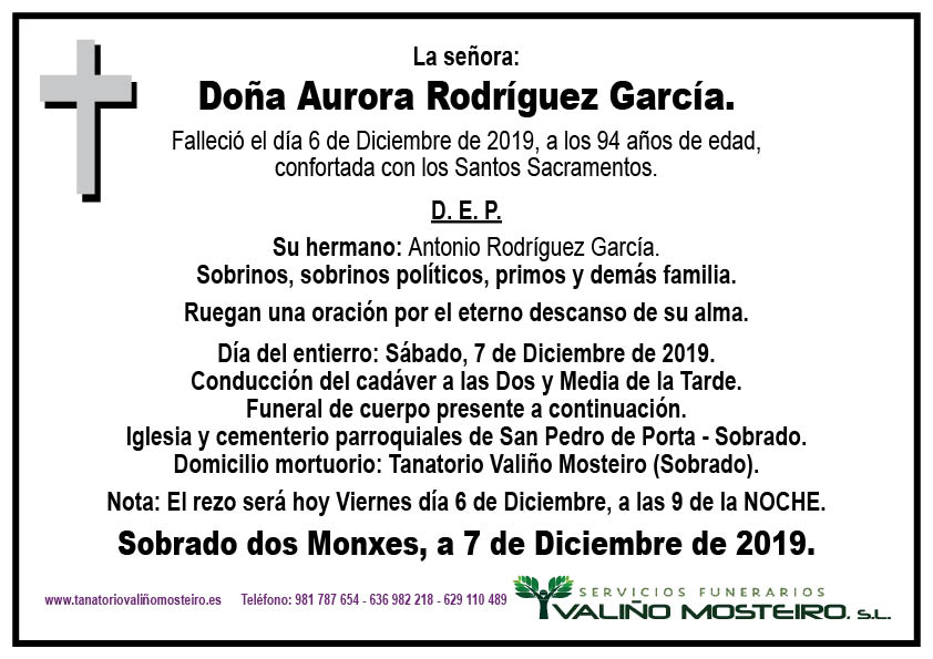 Esquela de Aurora Rodríguez García.